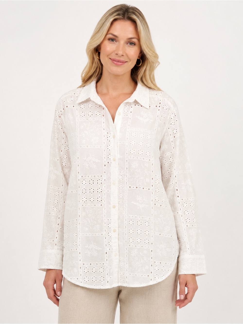 LOFT Women’s White Eyelet Button-Up High Low Blouse Size Large